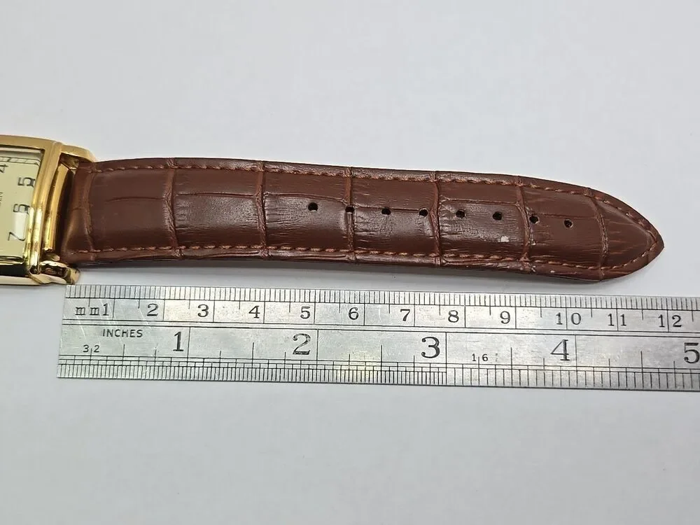 Eriksen The Classic Mens Gold Tone 30mm .Tank Watch New Battery Brown Leather